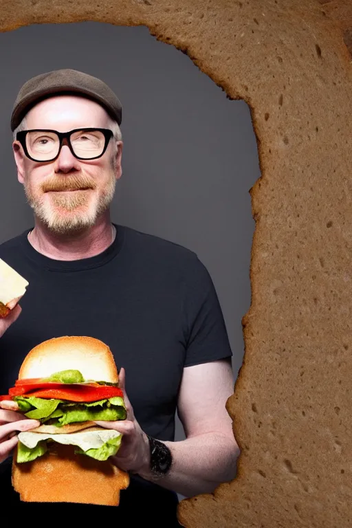 Prompt: 📷 portrait of adam savage with a sandwich head, food head, still image, high resolution, 4 k