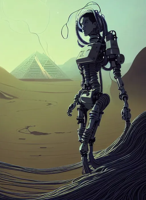 Image similar to highly detailed portrait of a robotic cyborg long curly white hair nomadic tribal lady, stray wiring and tubing by atey ghailan, james gilleard, by joe fenton, by greg rutkowski, by greg tocchini, by kaethe butcher, 4 k resolution, gradient yellow, black and white color scheme!!! ( ( robotic sandstorm robotic pyramid landscape background ) )