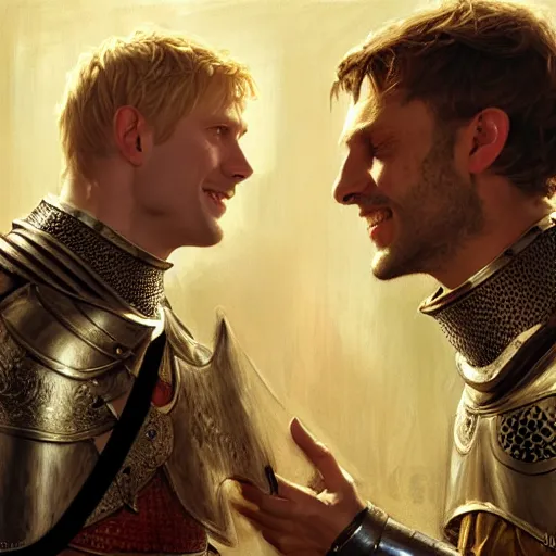 Image similar to attractive arthur pendragon and his favourite attractive male knight, they are in love, camelot, natural lighting, path traced, highly detailed, high quality, digital painting, by gaston bussiere, craig mullins, j. c. leyendecker