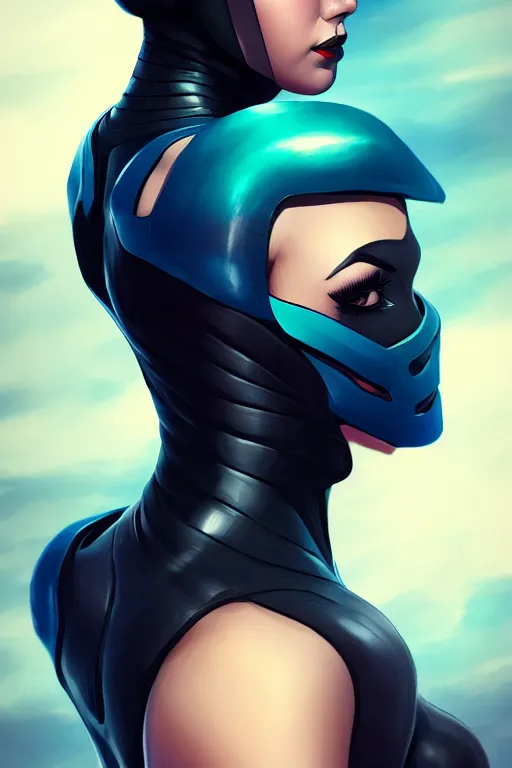 Image similar to a stunning upper body portrait of a beautiful young woman wearing futuristic deep black battle bodyarmor with ombre navy blue teal hairstyle blowing in the wind by marvel comics, digital art, trending on artstation