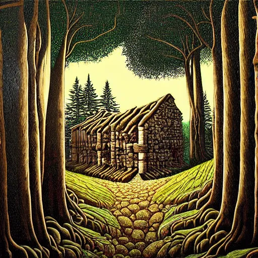 Image similar to an ancient village in the woods, painting by jeffrey smith