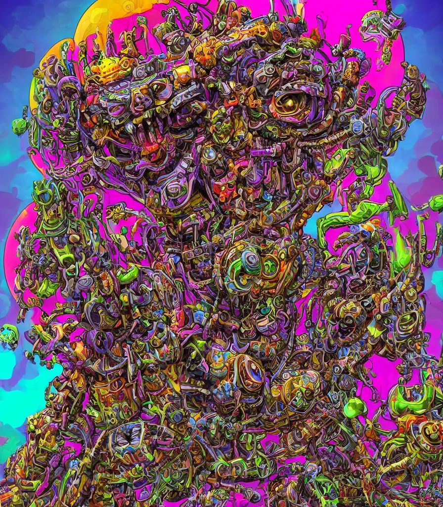 Image similar to hyper-maximalist lowbrow style overdetailed 3d sculpture of a monster by clogtwo and ben ridgway inspired by beastwreckstuff chris dyer and jimbo phillips. Cosmic horror infused retrofuturist style. Hyperdetailed high resolution. Render by binx.ly in discodiffusion. Dreamlike surreal polished render by machine.delusions. Sharp focus.