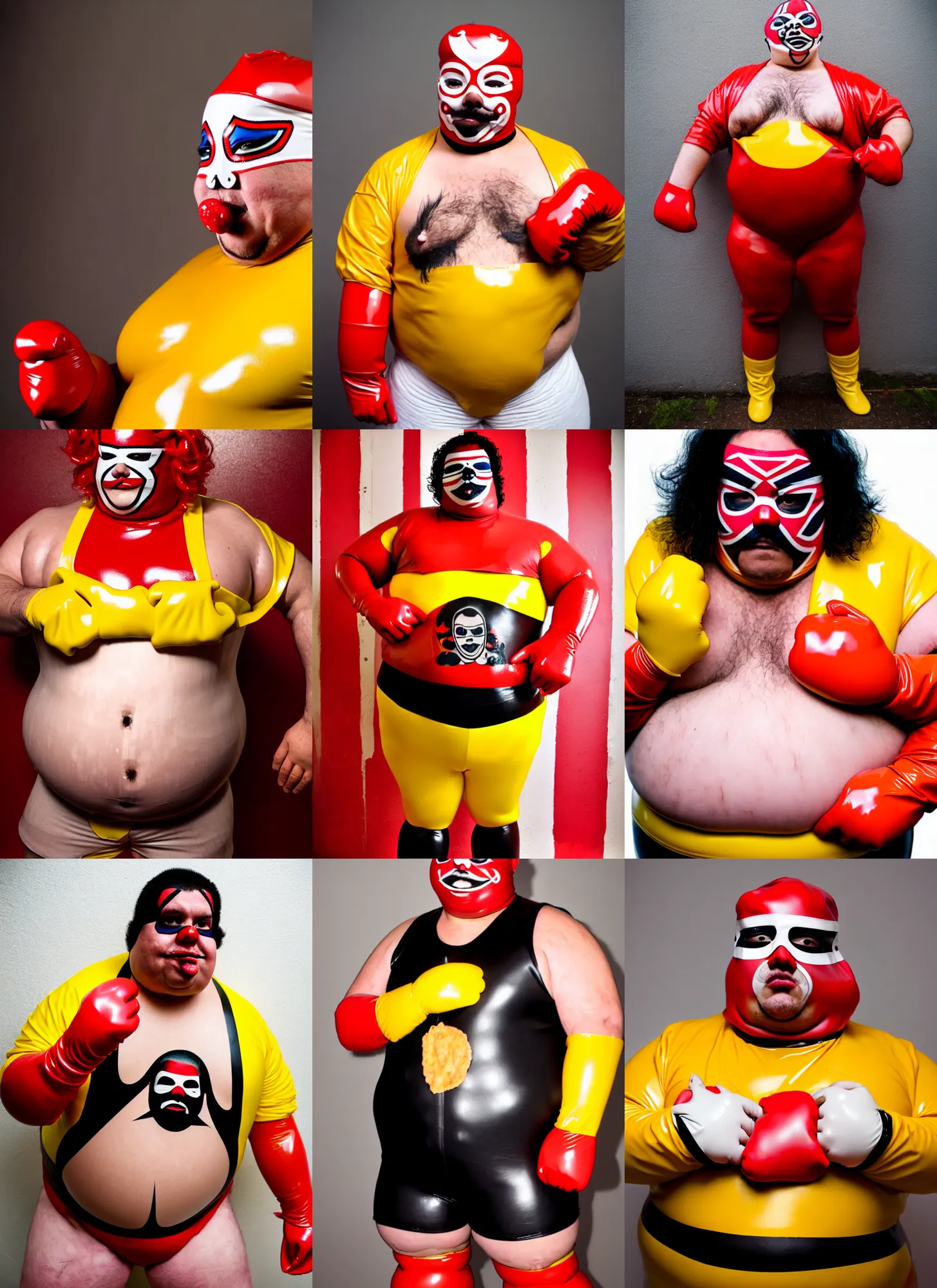 Prompt: portrait of a very chubby looking Lucha libre dressed in rubber latex costume with a hamburger tattoo on the bare hairy chest, red and white color latex sleeves, yellow latex gloves, red Ronald McDonald hair