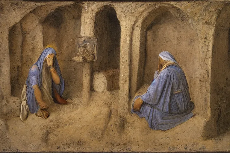 Prompt: inside the tomb of jesus, dark scene, light coming in from the left, small steps leading down, 3 marys crouching in colored robes at the tomb | 2 angels on the right side | medium close | fibonacci composition, by jules bastien le - page