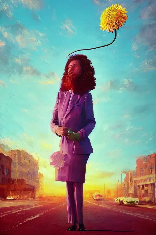 Image similar to portrait giant dahlia flower head, frontal, girl in a suit, standing in street, surreal photography, sunrise, dramatic light, impressionist painting, digital painting, artstation, simon stalenhag