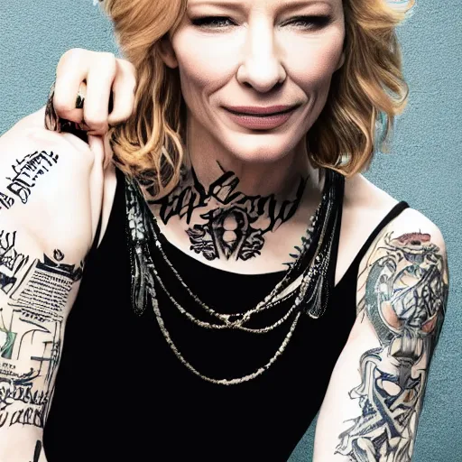 Image similar to high resolution image of cate blanchett with full body gang tattoos , highly detailed, photorealistic, 4k