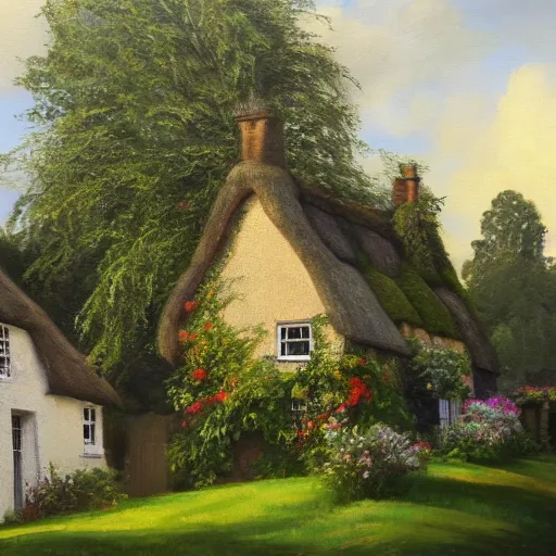 Image similar to A quaint cottage in an English village, merry england, oil on canvas, 4k, detailed