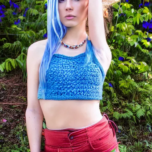 Image similar to A photo of a caucasian female model with blue hair wearing a crocheted croptop