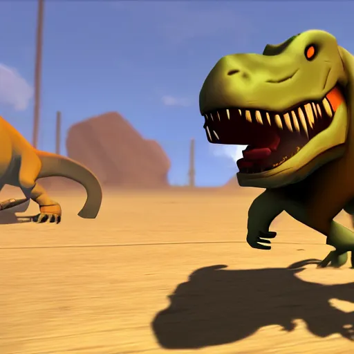 Image similar to t - rex chasing a small rat in team fortress 2 style