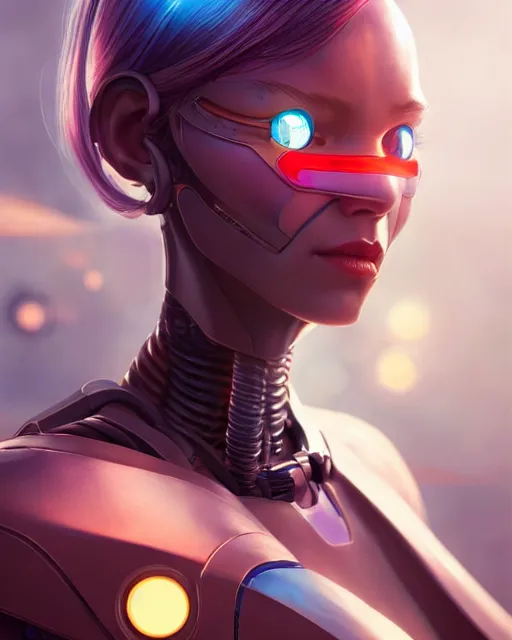 Image similar to weta disney pixar movie still portrait photo of cyborg woman by pixar, by weta, wlop, ilya kuvshinov, rossdraws, artgerm, maxim cover, latex, sweaty, iridescent, bright morning, anime, liosh, mucha