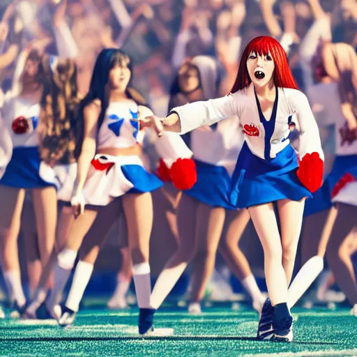 Prompt: manga anime cheerleader on a football field cheering on a team