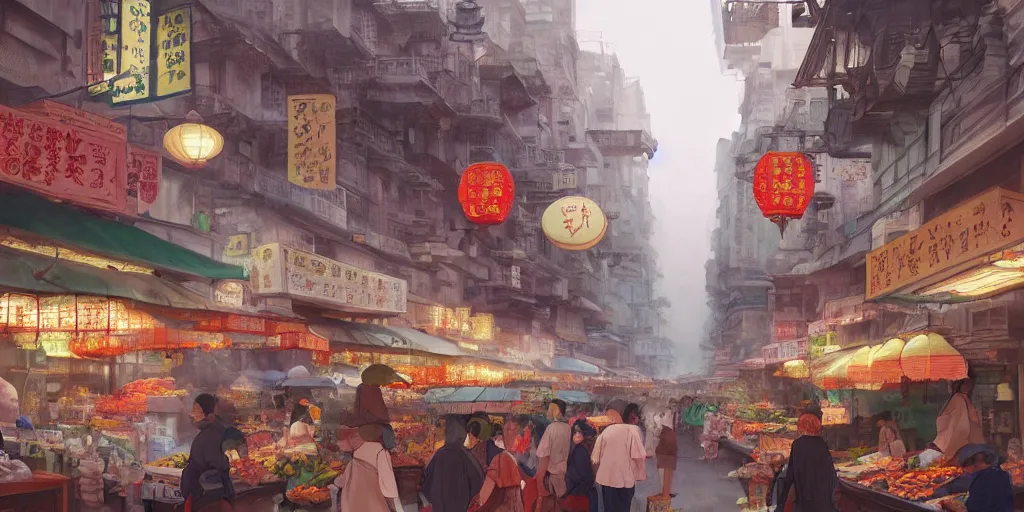 Image similar to morning market in chinatown, slightly foggy day, matte painting, studio ghibli, artstation