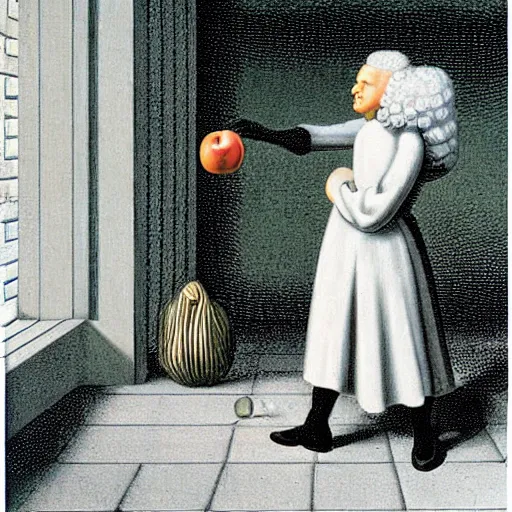 Image similar to Isaac Newton dropping a apple on the ground in the style of Rene Magritte