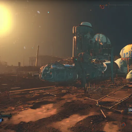 Image similar to the international space station in ruins post - nuclear war in fallout 4, in game screenshot