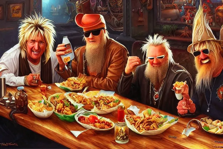 Image similar to rod stewart eating tacos with zz top, an oil painting by ross tran and thomas kincade