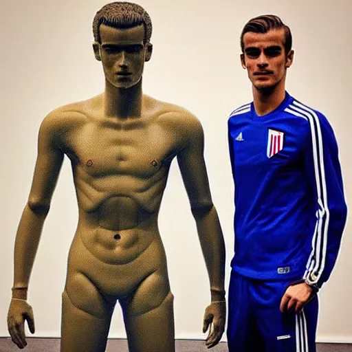 Image similar to “ a realistic detailed photo of a guy who is an attractive humanoid who is half robot and half humanoid, who is a male android, soccer player antoine griezmann, shiny skin, posing like a statue, blank stare, at the museum, on display ”