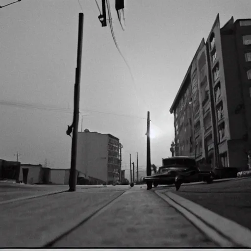 Image similar to 1950s Korean thriller film noir, a view of Shin Sang-ok in the middle of an empty scene, 35mm film, Cooke Varotal 20-100 T3.1