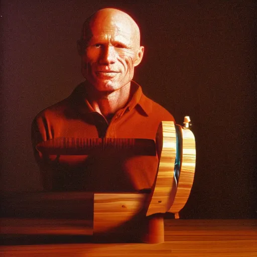 Image similar to Woodturning art representing Ed Harris, studio lighting, F 1.4 Kodak Portra