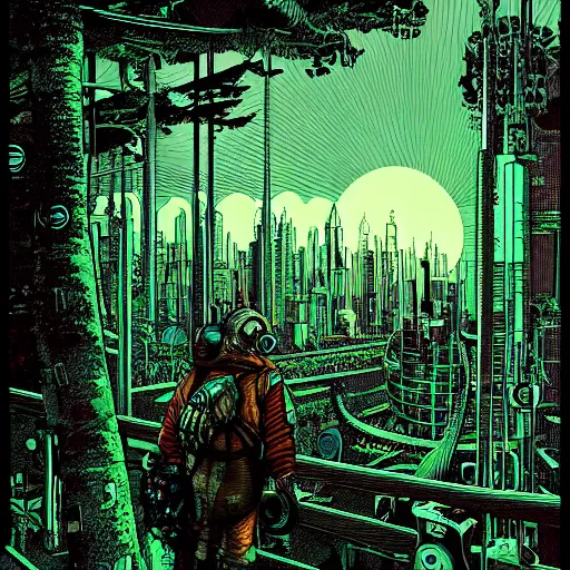 Image similar to Stunningly intricate illustration of single cyberpunk explorer overlooking lush forest, highly detailed, midnight, small glowing orbs by Moebius,