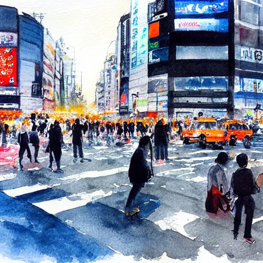 Image similar to shibuya crossing, water color painting