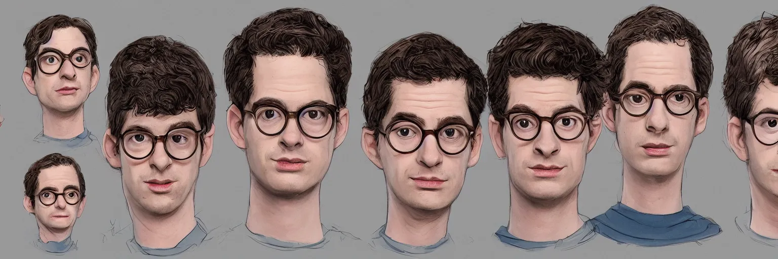Image similar to character study of todd solondz and andrew garfield, 2 0 2 2, clear faces, emotional, character sheet, fine details, concept design, contrast, kim jung gi, pixar and da vinci, trending on artstation, 8 k, full body and head, turnaround, front view, back view, ultra wide angle