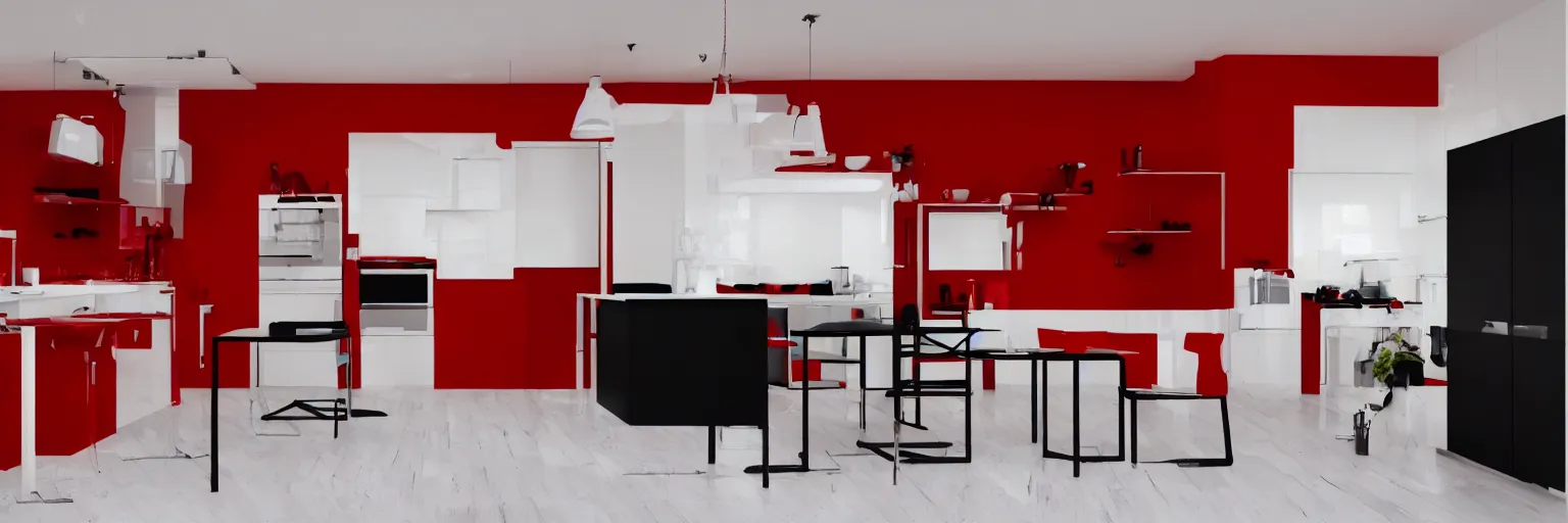 Image similar to photo of a black kitchen, red walls, white floortiles, architecture, concept art