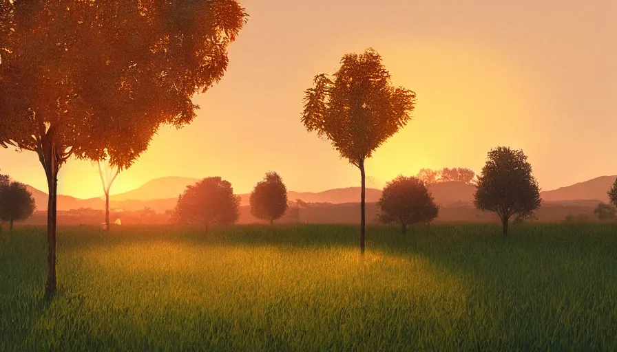 Prompt: cow pasture with fruit trees in sunset, back light, highly detailed, cinematic lighting, volumetric, photorealistic, digital art painting