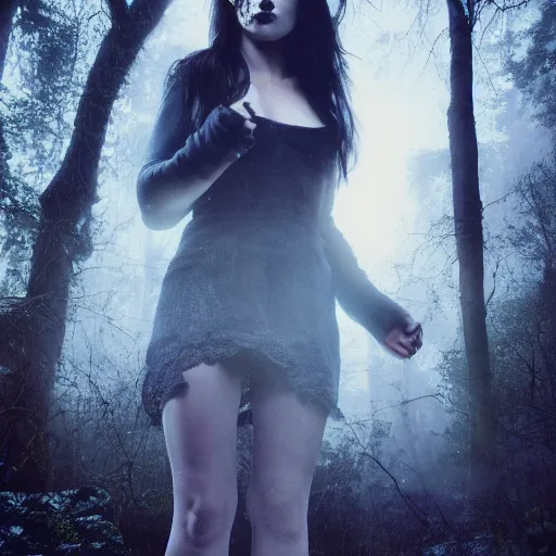 Image similar to charismatic rural cottagecore brunette female vampire, portrait, at highgate cemetery, atmospheric lighting, painted, intricate, mist, cold, volumetric lighting, beautiful, blue tint, moon light, sharp focus, ultra detailed, by leesha hannigan, ross tran, thierry doizon, kai carpenter, ignacio fernandez rios