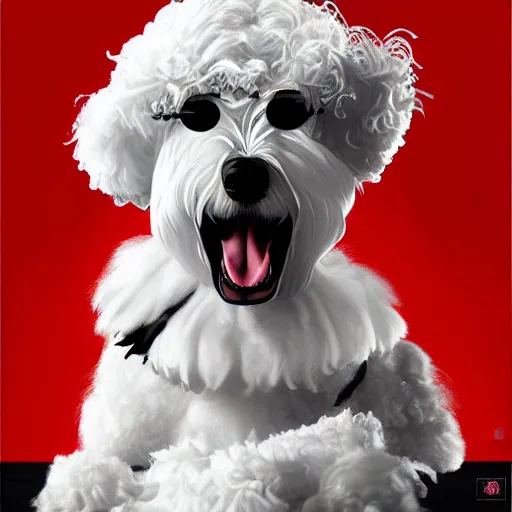 Image similar to bichon frise joker, dog, makeup, movie poster, trending on artstation