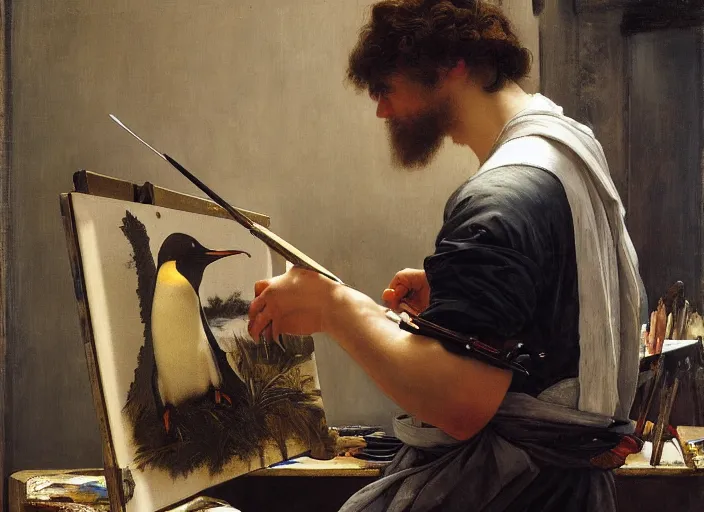 Image similar to a young painter in his studio painting a picture of a penguin, by edgar maxence and caravaggio and michael whelan and delacroix style, artistic, intricate drawing, cinematic lighting, hyper realistic, extremely detailed, establishing shot, 8 k resolution, dramatic lighting