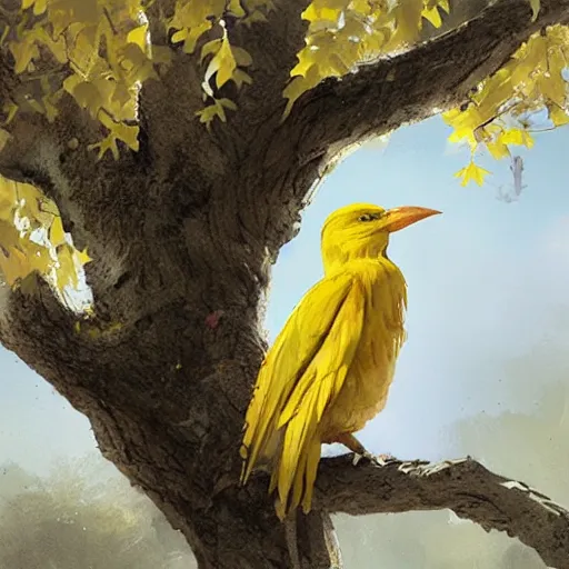 Image similar to a yellow crow on a tree with white leaves, detailed, by greg rutkowski