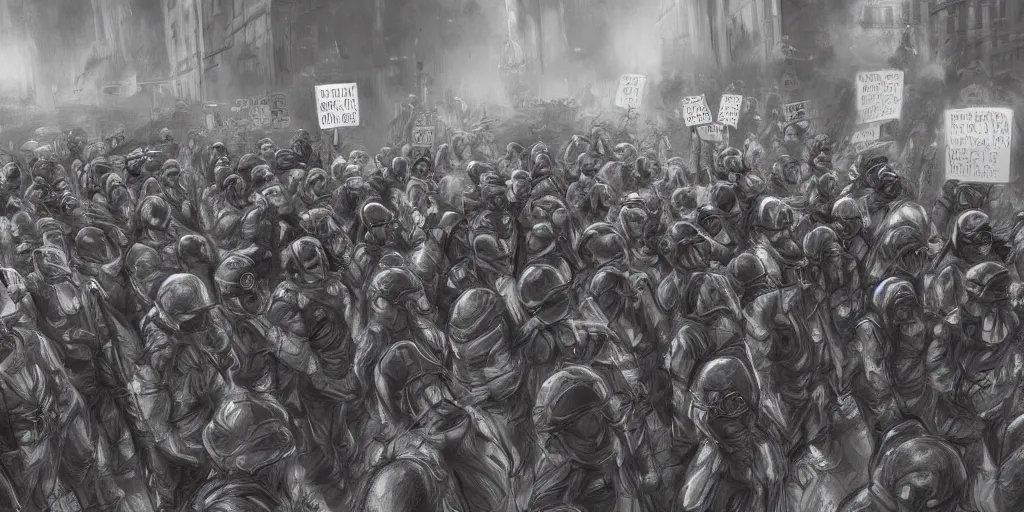 Image similar to few policemans lined up, standing against the protesters with blank posters, сlear sky, concept art, intricate details, highly professionally detailed,, highly detailed -