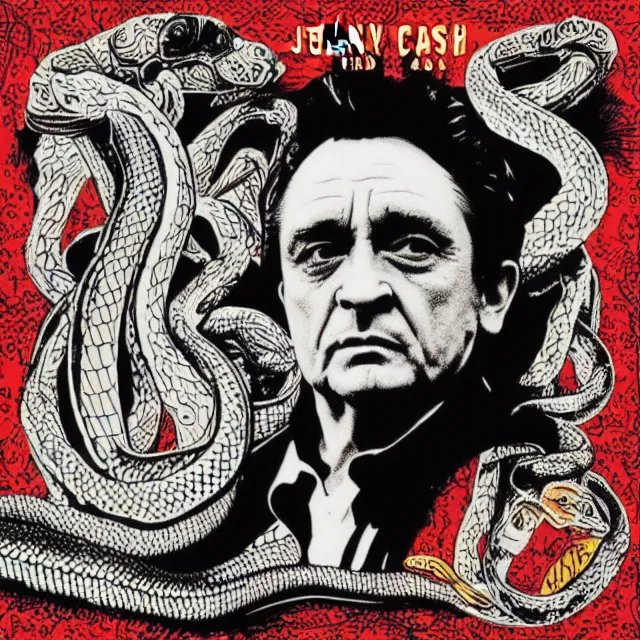 Prompt: album cover for Johnny Cash: The Snake Oil Tapes, album art by Gary Panter, snake oil album, snakes, quack medicine, no text