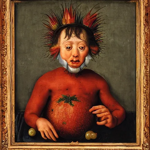 Image similar to a boy sitting in a tub full of tomato sauce, by giuseppe arcimboldo, renaissance, portrait, fruit, detailed oil paint, high definition