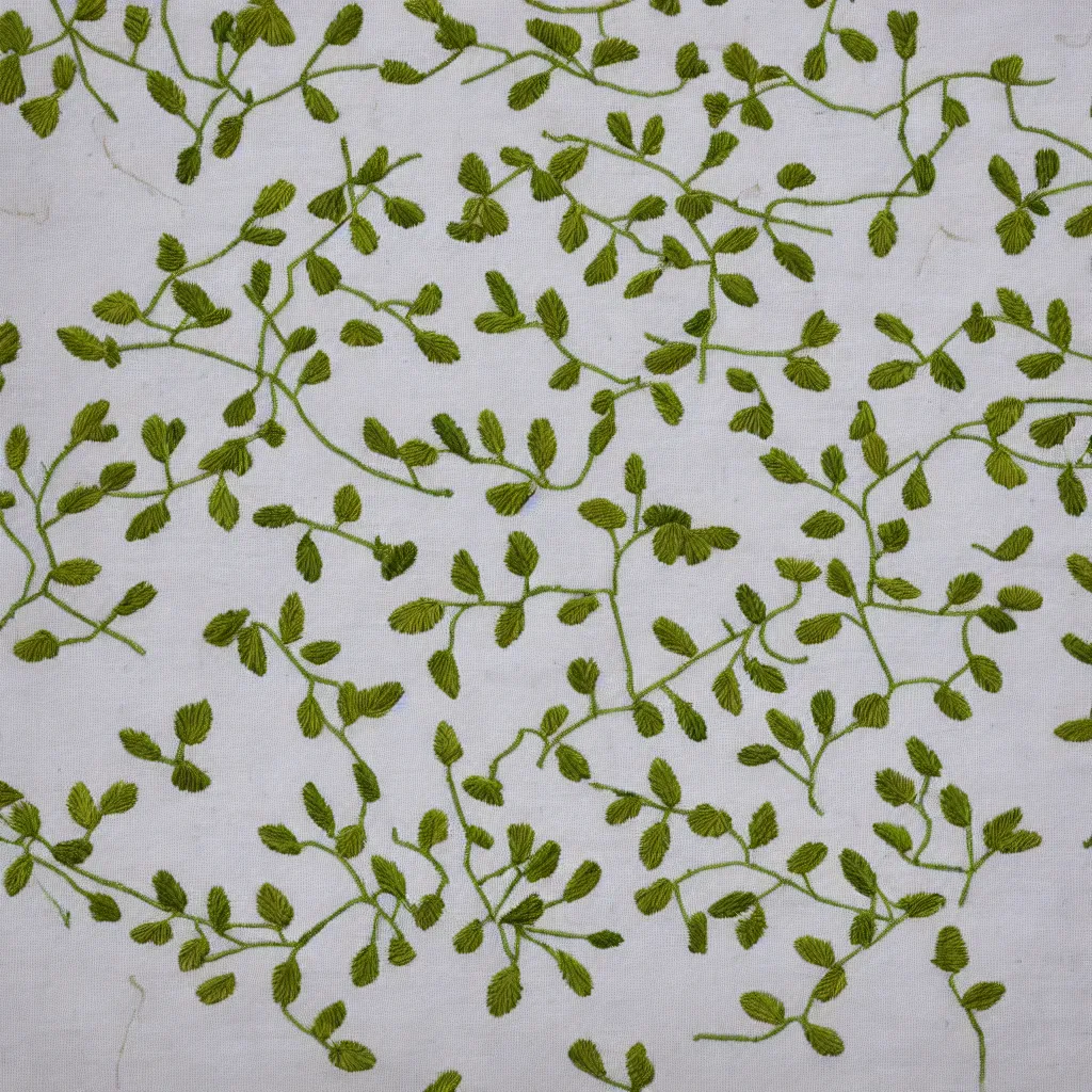 Image similar to embroidered pattern of currant leaves ( ribes aureum ) on white linen fabric