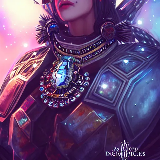 Image similar to message is decorated with jewels hangs from the neck of an armored valkyrie, in the background you can see the universe. digital art, fantasy art, photo realistic, dynamic lighting, artstation, poster, volumetric lighting, hyperrealistic, 4 k, award winning