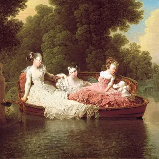 Prompt: dreadful by jean - honore fragonard pride prejudice. the conceptual art of a group of well - dressed women & children enjoying a leisurely boat ride on a calm day. the women are chatting & laughing while the children play with a toy boat in the foreground.