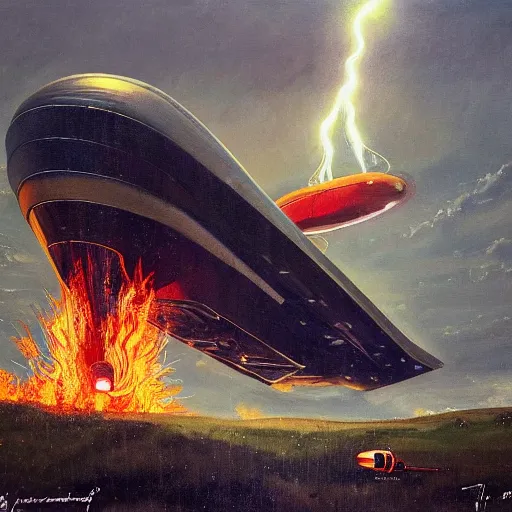 Image similar to a swiss spaceship stuck in the ground, the spaceship is on fire, smoke, rainstorm, lightning, angry, kinetic, john sargent, adolphe bouguereaum, norman rockwell, style by peter deligdisch, trending on artstation, highly detailed oil painting,