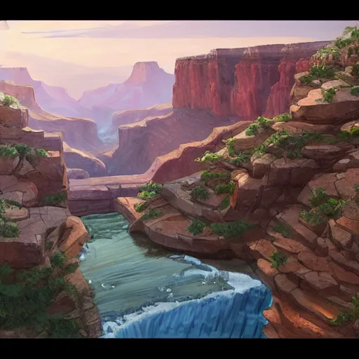 Image similar to concept art painting of a grand canyon filled with water, giant river, with unfinished stone bridge under construction, realistic, detailed, cel shaded, in the style of makoto shinkai and greg rutkowski and james gurney