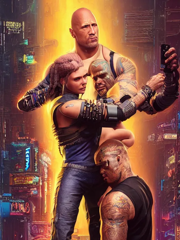 Prompt: a cyberpunk 2077 portrait of Dwayne Johnson holding a female android,complex mess of cables and wires behind them connected to giant computer,film lighting,by laurie greasley,Lawrence Alma-Tadema,William Morris,Dan Mumford, trending on atrstation,full of color,face enhance,sharp focus,highly detailed,8K, octane,golden ratio,cinematic lighting