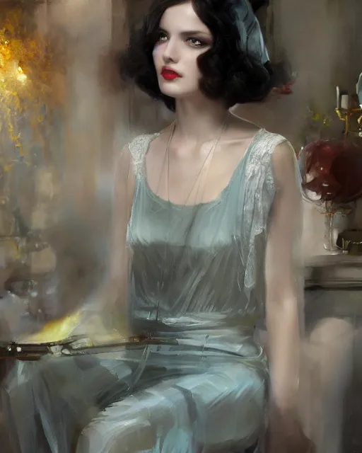 Image similar to daniel gerhartz and tom bagshaw close portrait digital painting of a 1 9 2 0 s beautiful woman at a party in a mansion, strong contrast, unreal engine, hyper realism, realistic shading, cinematic composition, realistic render, octane render, detailed textures, photorealistic, ultrawide shot, 3 5 mm film