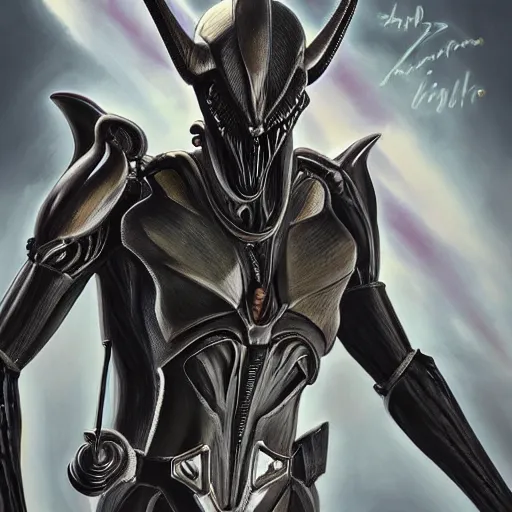 Image similar to a realistic painting by Raffaello Sanzi depicting the Kamen Rider Black with the head of the Xenomorph in the retrofuturism Renaissance,smooth,Sharp focus, trending on Artstation.