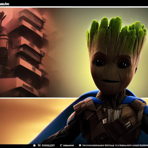 Image similar to Baby Groot is Batman, hyperdetailed, artstation, cgsociety, 8k