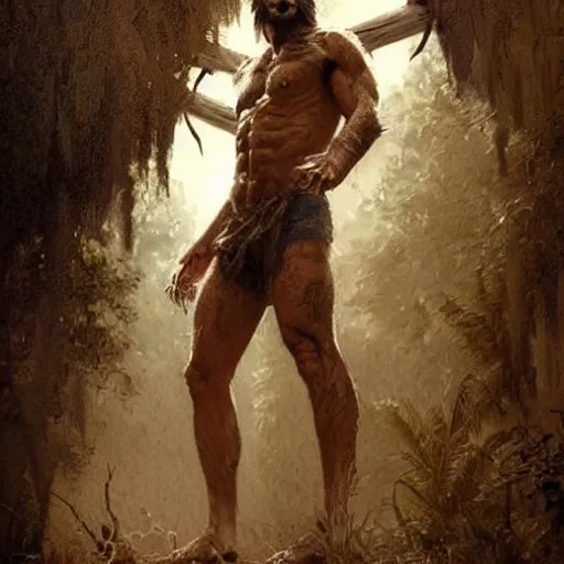 Prompt: Portrait of a rugged werewolf, male, muscular, detailed face, bare thighs!!!, tribal clothing!!!!!, fantasy, medieval, highly detailed, cinematic lighting, digital art painting by greg rutkowski