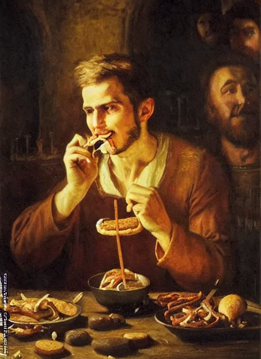 Image similar to young man eating a hamburger in the center of a dark medieval dinning room, surrounded by starving people in front of a giant painting, extremely realistic and highly detailed painting by gaston bussiere, soft light, gold ratio