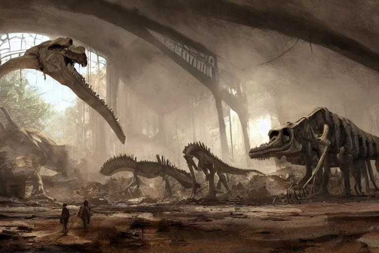 Image similar to abandoned dinosaur museum, gigantic dinosaur skeletons, cinematic, craig mullins, 8 k