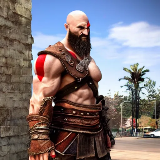 Prompt: Kratos from god of war standing in front of a mcdonalds