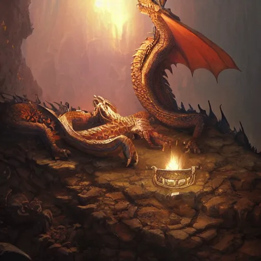 Image similar to dragon sleeping on a pile of treasure, dramatic light, dungeon background, torches, high detail, fantasy background, painted by stanley lau, painted by greg rutkowski, painted by stanley artgerm, digital art, trending on artstation