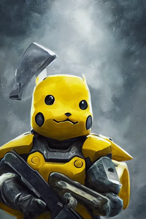 Image similar to pikachu as master chief, oil on canvas, intricate, portrait, 8 k highly professionally detailed, hdr, cgsociety