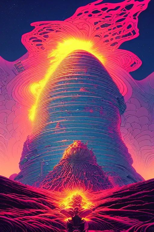 Image similar to artwork by kilian eng and dan mumford and toshi yoshida and franklin booth showing a futuristic powerstation!! in front of a ( ( exploding volcano ) ), vintage scifi, high details, dramatic lightning,, 8 k